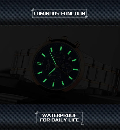 MEGIR Top Brand Luxury Mens Watches Stainless Steel Band Chronograph Gold Black Quartz WristWatch Big Dial Luminous Montre Homme 2150