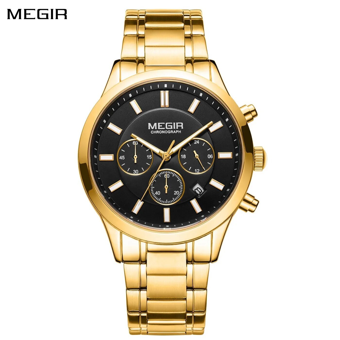 MEGIR Top Brand Luxury Mens Watches Stainless Steel Band Chronograph Gold Black Quartz WristWatch Big Dial Luminous Montre Homme 2150