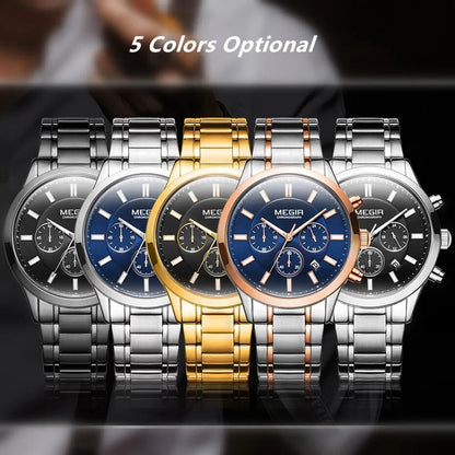 MEGIR Top Brand Luxury Mens Watches Stainless Steel Band Chronograph Gold Black Quartz WristWatch Big Dial Luminous Montre Homme 2150