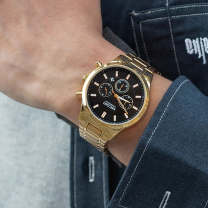 MEGIR Top Brand Luxury Mens Watches Stainless Steel Band Chronograph Gold Black Quartz WristWatch Big Dial Luminous Montre Homme 2150