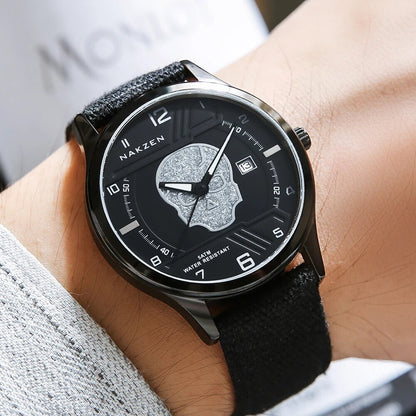 NAKZEN 2019 New Mens Watches Top Brand Luxury Fashion Skull Quartz Watch Waterproof Leather strap Luminous relogio masculino