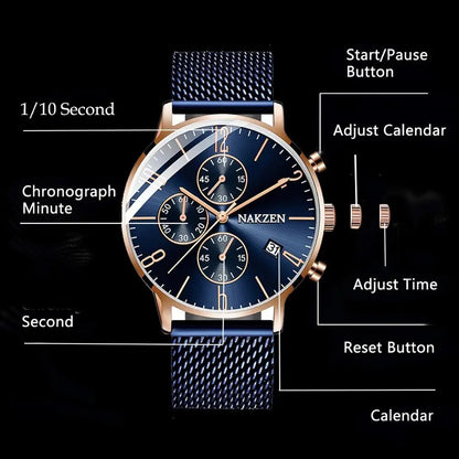 Luxury Quartz Watches Men Brand NAKZEN Men's Business Sport Watch Waterproof Chronograph Wristwatches Relogio Masculino