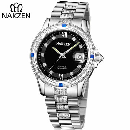 NAKZEN Men Japan NH35 Movement Automatic Mechanical Watch Elegant Diamond Stainless Steel Bracelet Watches Relogio Masculino
