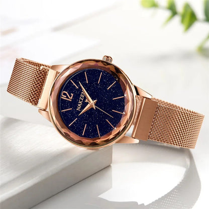 NAKZEN Rose Gold Women Watches Minimalism Starry sky Magnet Buckle Fashion Wristwatch Waterproof Roman Numeral reloj mujer