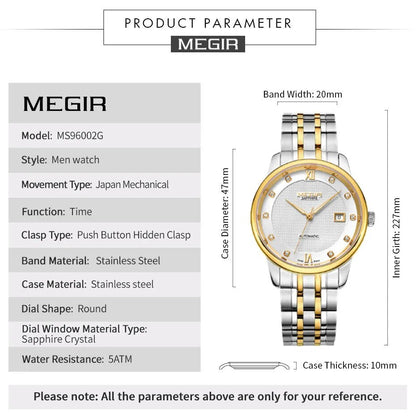 MEGIR Men Watches Stainless Steel Bracelet Sapphire Automatic Mechanical Watch Luxury Business Wristwatches Clock Reloj Hombre