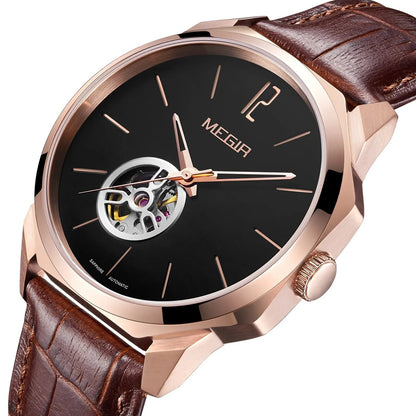 MEGIR Retro Men's Wristwatch Luxury Automatic Mechanical Watches Leather Strap Sapphire 5ATM Waterproof Watch Relogio Masculino