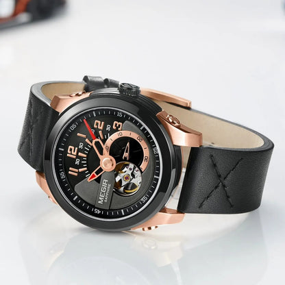 MEGIR Automatic Movement Mechanical Watches Men Luxury Fashion Leather Business Wristwatch Clock Big Dial Male Reloj Hombre