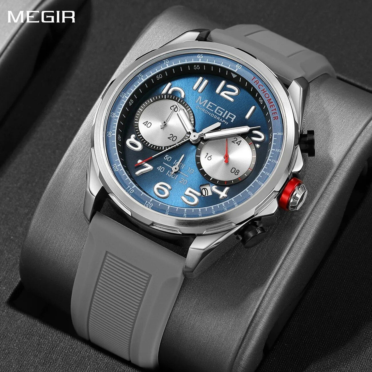 MEGIR New Men Watches Luxury Quartz Wristwatch Gray Waterproof Military Sports Chronograph Silicone Strap Clock Montre Homme 2230