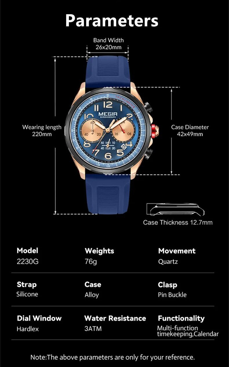 MEGIR New Men Watches Luxury Quartz Wristwatch Gray Waterproof Military Sports Chronograph Silicone Strap Clock Montre Homme 2230