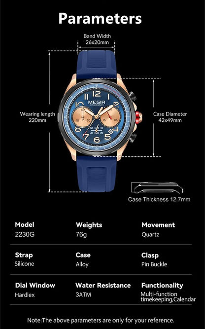 MEGIR New Men Watches Luxury Quartz Wristwatch Gray Waterproof Military Sports Chronograph Silicone Strap Clock Montre Homme 2230