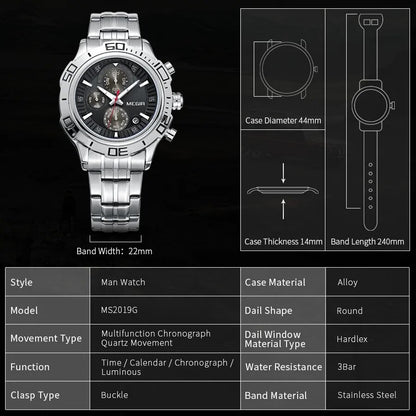 MEGIR Luxury Business Watch for Men Fashion Casual Clock Stainless Steel Calendar Luminous Chronograph Quartz Sport WristWatches