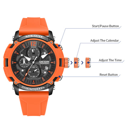 MEGIR Fashion Military Watch for Men Top Luxury Sport Quartz Chronograph Waterproof Male Clock Wristwatch Silicone Reloj Hombre