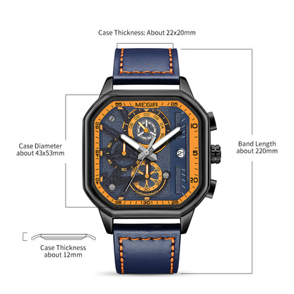 MEGIR Fashion Men's Squre Sport Watch Quartz Chronograph Luminous Military WristWatches Leather Luminous Date Clock Reloj Hombre