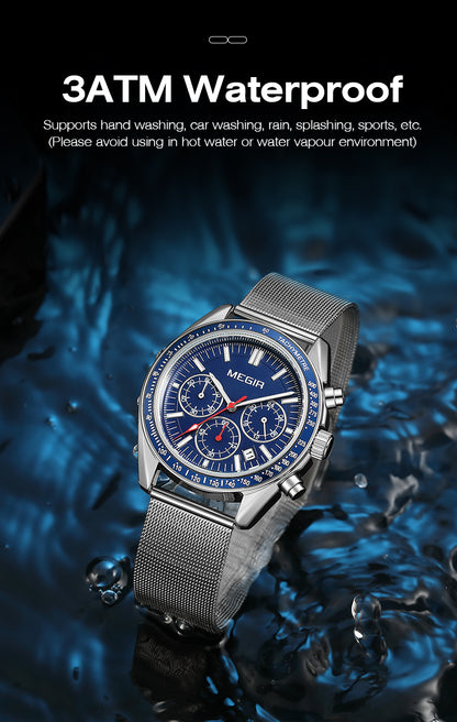 MEGIR Business Men Watch Stainless Steel Mesh Belt Quartz Watches Luxury Fashion Man Wristwatch Calendar Clock Reloj Hombre 8105