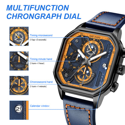 MEGIR Fashion Men's Squre Sport Watch Quartz Chronograph Luminous Military WristWatches Leather Luminous Date Clock Reloj Hombre