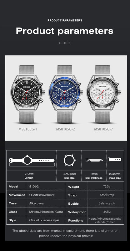 MEGIR Business Men Watch Stainless Steel Mesh Belt Quartz Watches Luxury Fashion Man Wristwatch Calendar Clock Reloj Hombre 8105