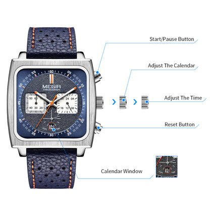 MEGIR 2022 Analogue Watch Men Top Brand Fashion Luxury Rectangle Quartz Military Watches Waterproof Luminous Leather Strap