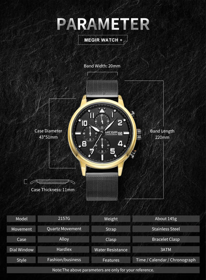 MEGIR Luxury Watches for Mens Casual Business Quartz Wrist Watch Calendar Date Man Clock Chronograph Relogio Masculino 2157