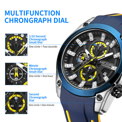 MEGIR Original Blue Sport Watches for Men Top Luxury Chronograph WristWatch Military Quartz Clock Luminous Big Dial Reloj Hombre