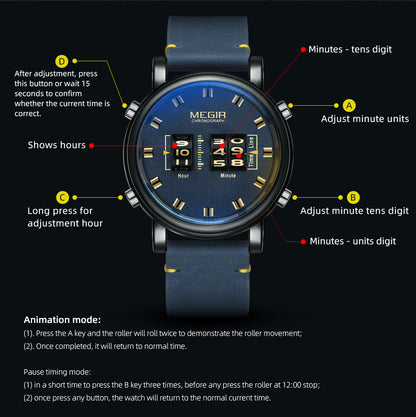 MEGIR Roller Pointer Watches for Men Fashion Luxury Military Sport Watch Leather Strap Quartz Wristwatch Clock Relogio Mascilino
