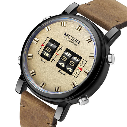 MEGIR Roller Pointer Watches for Men Fashion Luxury Military Sport Watch Leather Strap Quartz Wristwatch Clock Relogio Mascilino