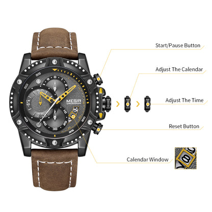 MEGIR Men Watches Luxury Brand Quartz Wristwatch Waterproof Leather Military Sport Watch Casual Clock Chronograph Reloj Hombre