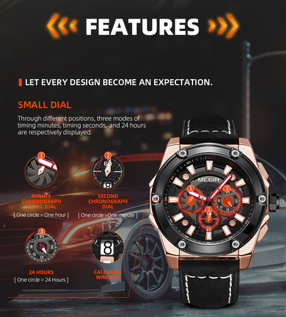 MEGIR Men's Watches Top Brand Luxury Casual Sports Wrist Watch Leather Strap Quartz Male Clock Chronograph Relogio Masculino