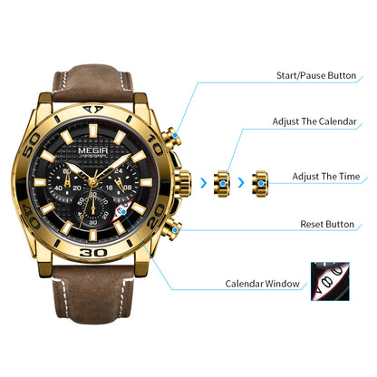 MEGIR Men Watches Brand Luxury Sports Quartz Chronograph Men's Army Military Wristwatch Leather Strap Male Clock Reloj Hombre