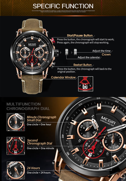 MEGIR Men Sports Watches Top Brand Luxury Leather Quartz Watch Men Clock Waterproof Army Military Wristwatches Relogio Masculino