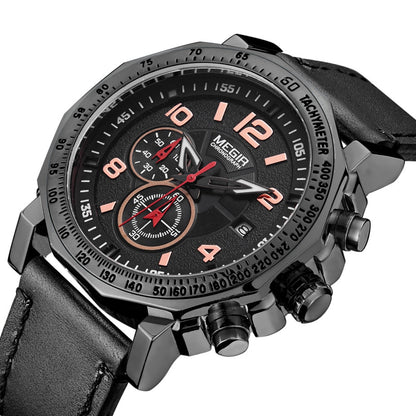 MEGIR Men's Sport Watch Large Dial Quartz Luminous Wristwatch Date Clock Fashion Relogio Masculino Leather Chronograph for Men