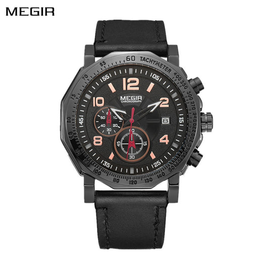 MEGIR Men's Sport Watch Large Dial Quartz Luminous Wristwatch Date Clock Fashion Relogio Masculino Leather Chronograph for Men