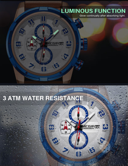 MEGIR Chronograph Sport Watch Men Clock Leather Quartz Men Wrist Watches Time Hour Army Military Wristwatches Relogio Masculino