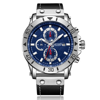 MEGIR Watch Men's Military Sport Wrist Watches Waterproof Leather Quartz Chronograph Calendar Luminous Clock Watch for Man 2081