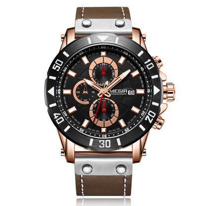 MEGIR Watch Men's Military Sport Wrist Watches Waterproof Leather Quartz Chronograph Calendar Luminous Clock Watch for Man 2081