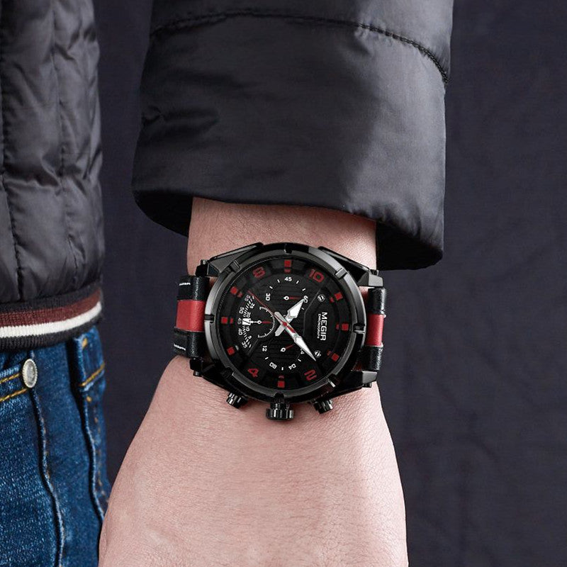 MEGIR Chronograph Sport Watch Men Quartz Wristwatches Clock Fashion Leather Army Military Watches Hour Time Relogio Masculino