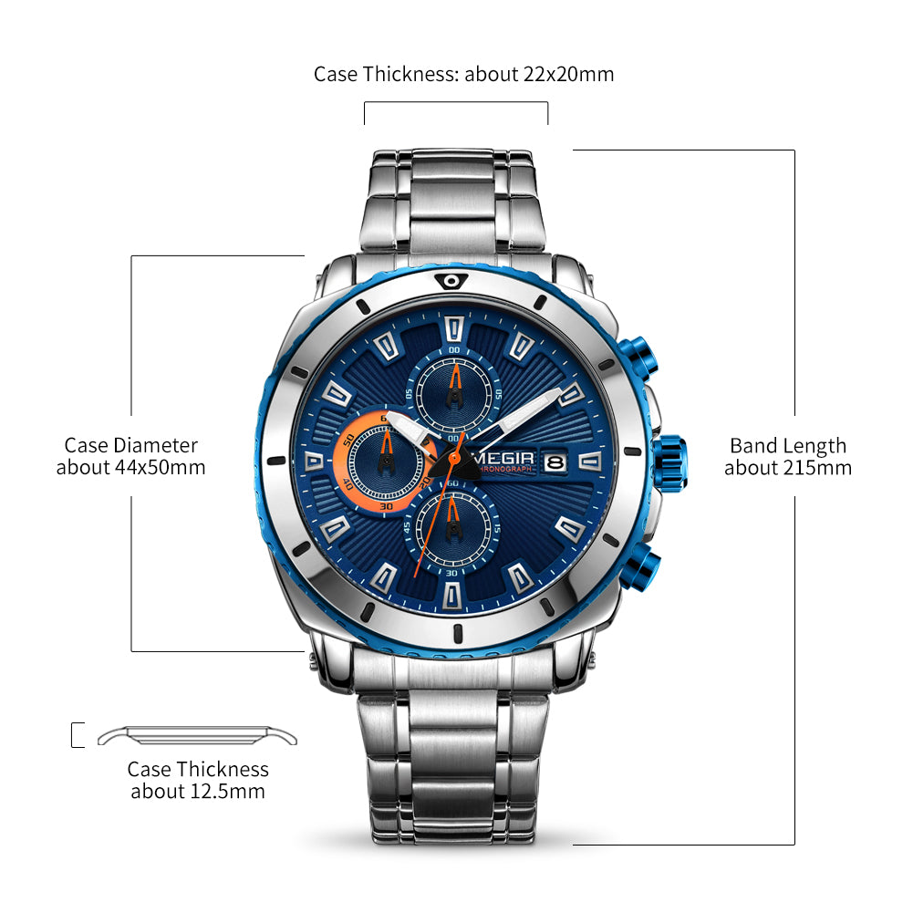 MEGIR Chronograph Quartz Men Watch Luxury Brand Stainless Steel Business Wrist Watches Male Clock Hour Time Relogio Masculino