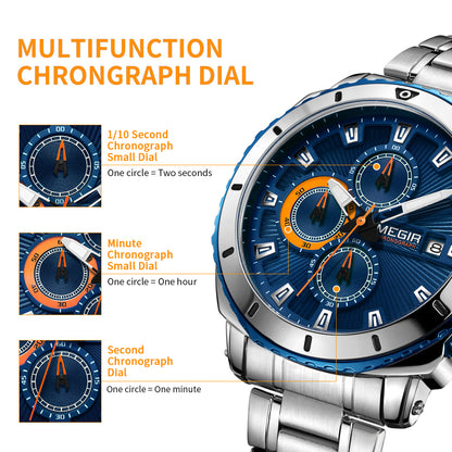 MEGIR Chronograph Quartz Men Watch Luxury Brand Stainless Steel Business Wrist Watches Male Clock Hour Time Relogio Masculino