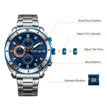 MEGIR Chronograph Quartz Men Watch Luxury Brand Stainless Steel Business Wrist Watches Male Clock Hour Time Relogio Masculino