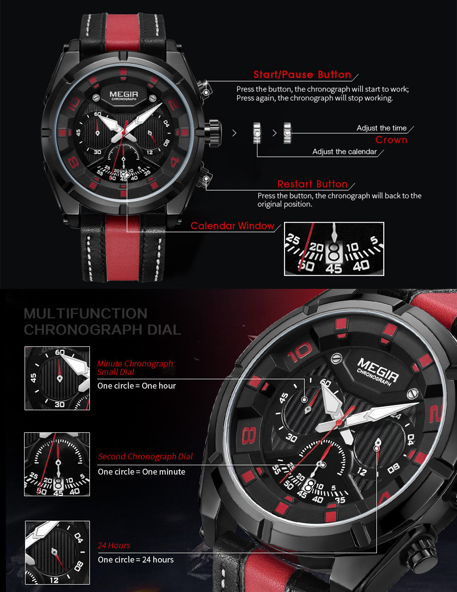MEGIR Chronograph Sport Watch Men Quartz Wristwatches Clock Fashion Leather Army Military Watches Hour Time Relogio Masculino
