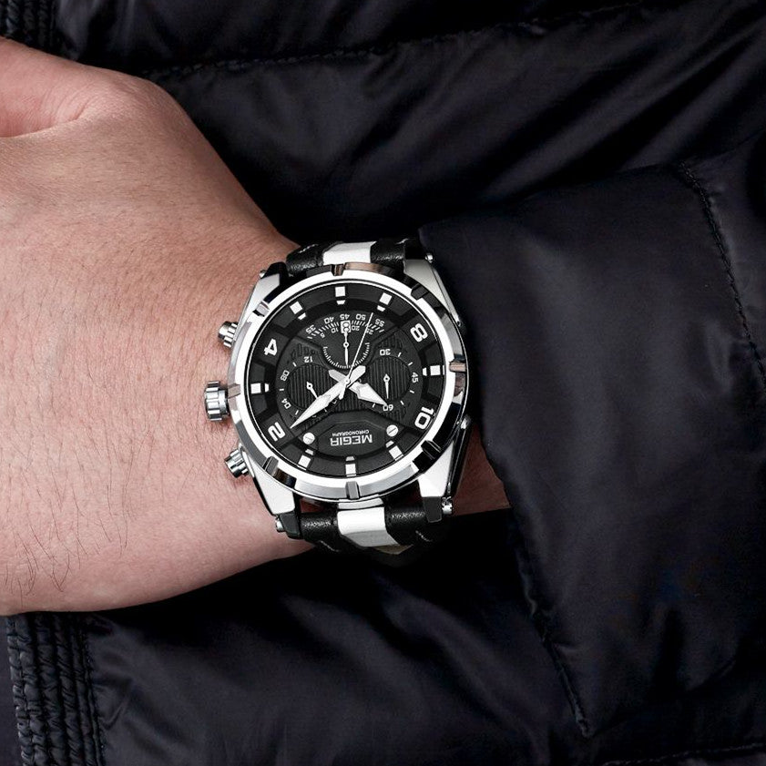 MEGIR Chronograph Sport Watch Men Quartz Wristwatches Clock Fashion Leather Army Military Watches Hour Time Relogio Masculino