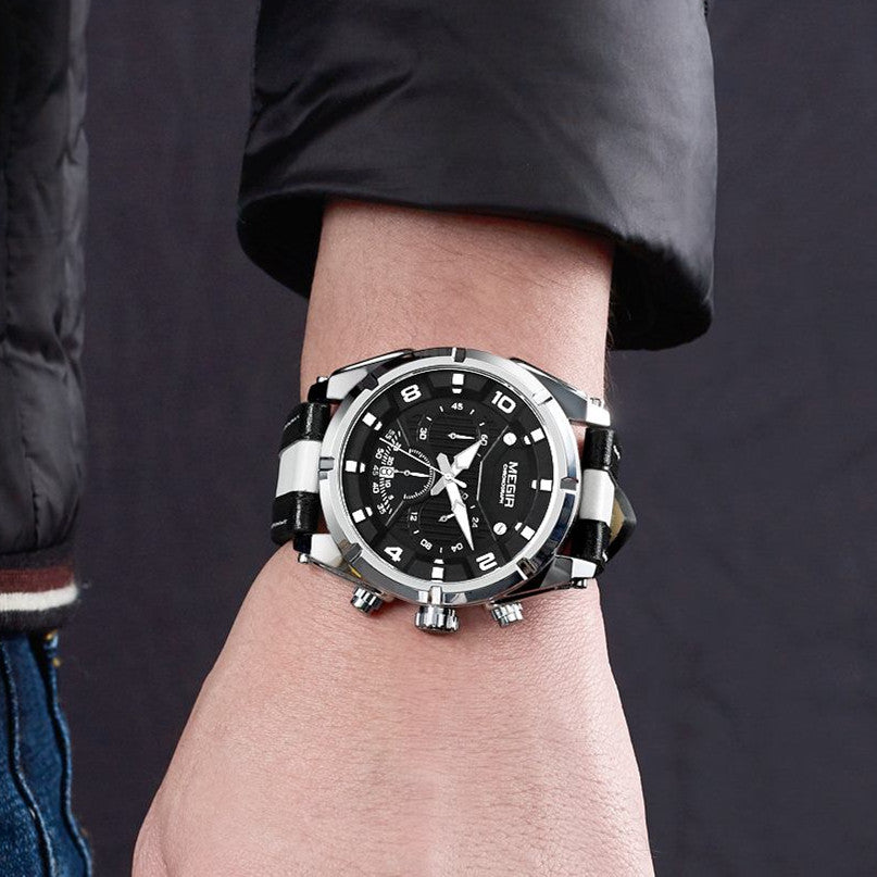 MEGIR Chronograph Sport Watch Men Quartz Wristwatches Clock Fashion Leather Army Military Watches Hour Time Relogio Masculino