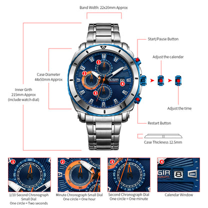MEGIR Chronograph Quartz Men Watch Luxury Brand Stainless Steel Business Wrist Watches Male Clock Hour Time Relogio Masculino