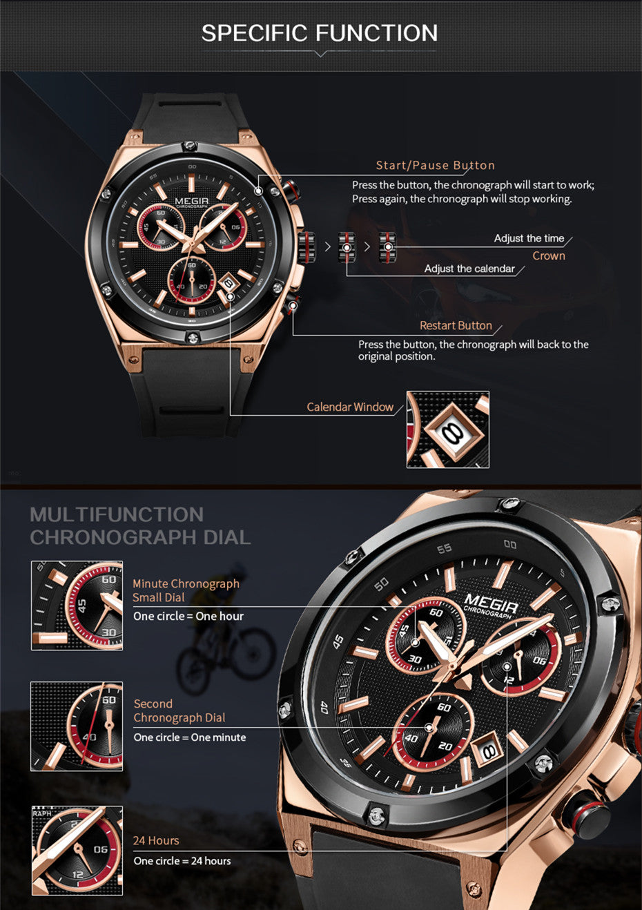 MEGIR Mens Watches Silicone Quartz Wrist Watch Chronograph Fashion Sport Business Wristwatch Luminous Male Clock Montre Homme