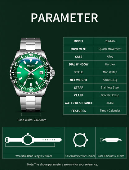 MEGIR Fashion Men Watches Top Luxury Stainless Steel Quartz Wristwatch Calendar Luminous Clock Large Dial Relogio Masculino