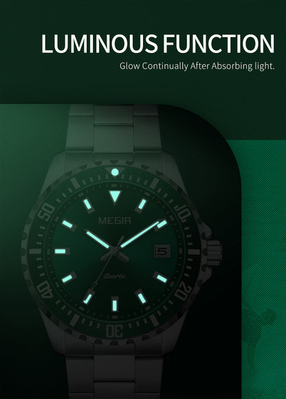 MEGIR Fashion Men Watches Top Luxury Stainless Steel Quartz Wristwatch Calendar Luminous Clock Large Dial Relogio Masculino
