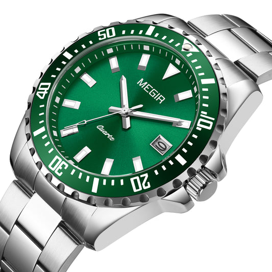 MEGIR Fashion Men Watches Top Luxury Stainless Steel Quartz Wristwatch Calendar Luminous Clock Large Dial Relogio Masculino 2064