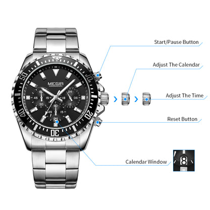 MEGIR Original Luxury Business Quartz Watch Men Brand Stainless Steel Chronograph Military WristWatch Clock Relogio Masculino