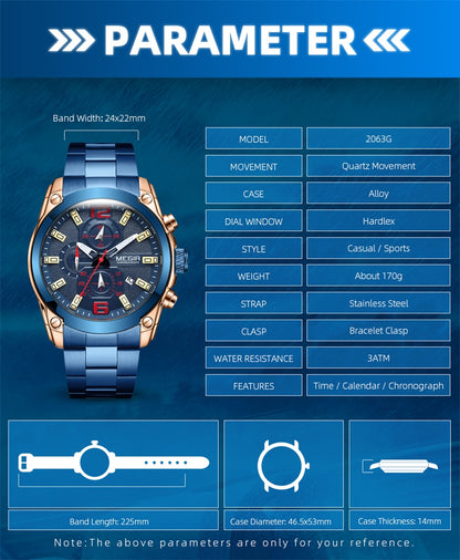 MEGIR Original Luxury Men Chronograph Stainless Steel Wristwatch Waterproof Luminous Quartz Watch Clock Calendar Reloj Hombre