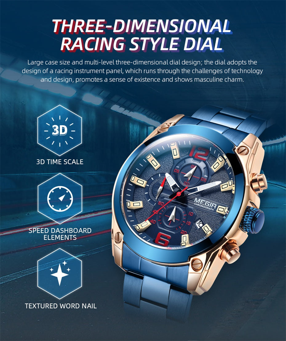 MEGIR Original Luxury Men Chronograph Stainless Steel Wristwatch Waterproof Luminous Quartz Watch Clock Calendar Reloj Hombre