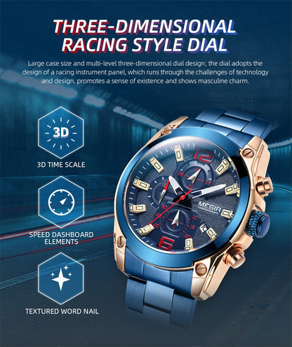 MEGIR Original Luxury Men Chronograph Stainless Steel Wristwatch Waterproof Luminous Quartz Watch Clock Calendar Reloj Hombre